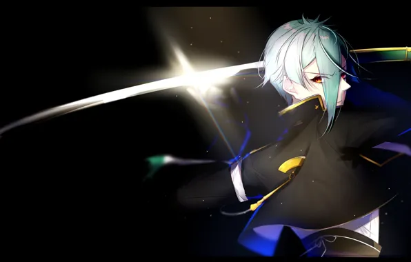 Sword, katana, samurai, guy, black background, bangs, Touken Ranbu, Dance Of Swords