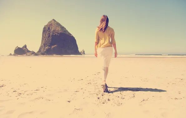 Picture wave, beach, the sky, girl, rocks, hair, shadow