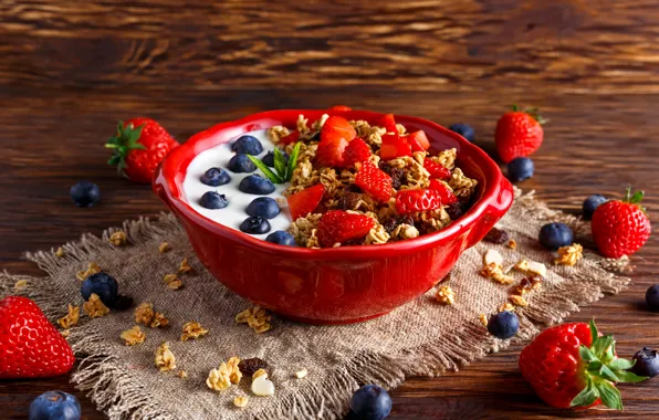 Picture berries, food, Breakfast, blueberries, strawberry, yogurt, oatmeal