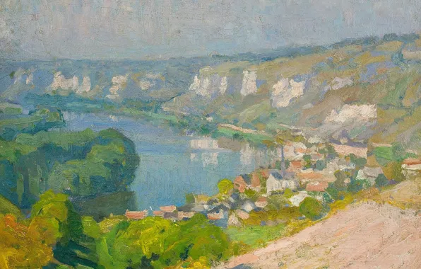 Wallpaper picture, The Village Of Les Andelys, river, landscape, Emanuel Phillips Fox