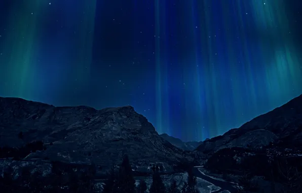 Mountains, night, Aurora, Northern lights