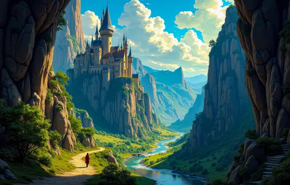 Clouds, mountains, fog, the way, blue, castle, rocks, people
