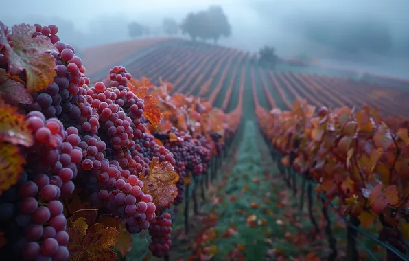 Field, autumn, trees, red, clouds, fog, foliage, dal