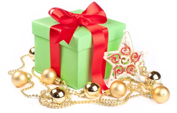 Box, gift, balls, tape, asterisk, Christmas decorations