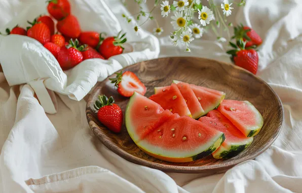 Summer, flowers, berries, table, chamomile, towel, watermelon, strawberry