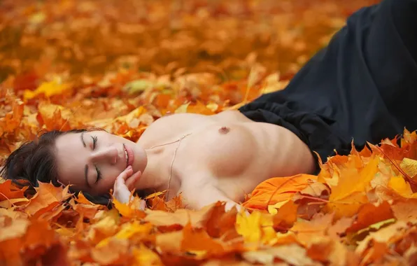 Autumn, ideal, foliage, beautiful girl, lying, Nega, closed eyes, eroticism