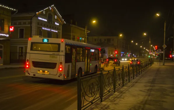 Winter, snow, night, the city, the building, beauty, lights, bus