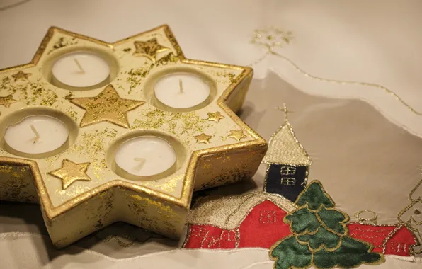 Stars, star, candles, Christmas, New year, fabric, round, gold plated