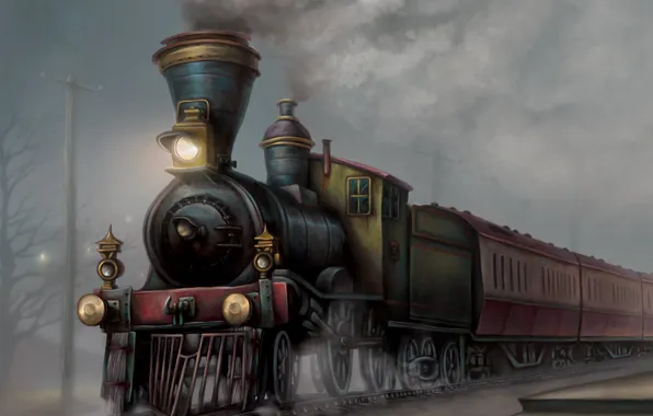 Smoke, rails, train, art