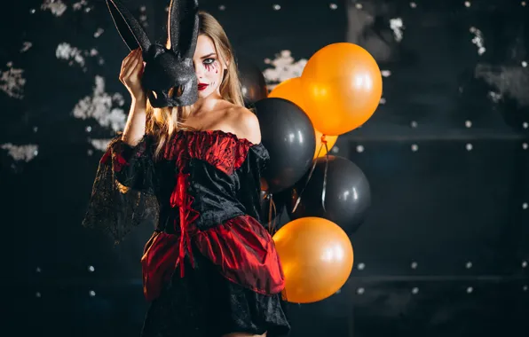 Autumn, girl, the dark background, holiday, makeup, pumpkin, Halloween, Halloween