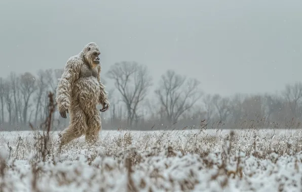 Nature, Winter, Being, Snow, Digital art, Bigfoot, Yeti, Bigfoot