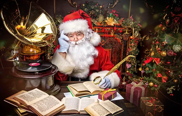 Decoration, toys, books, gifts, tree, Santa Claus, gramophone