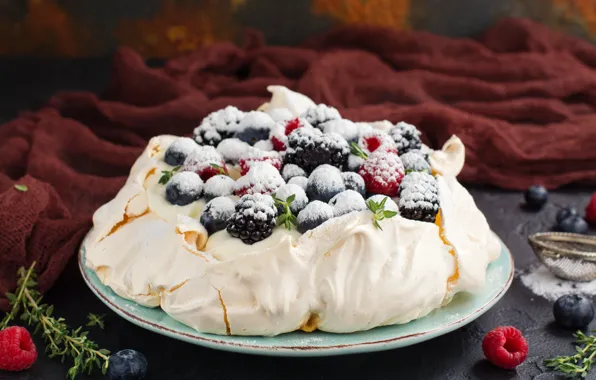 Berries, cake, cream, powdered sugar, meringue, Natasha Breen