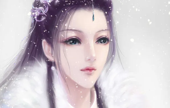 Girl, snow, decoration, face, art, fur