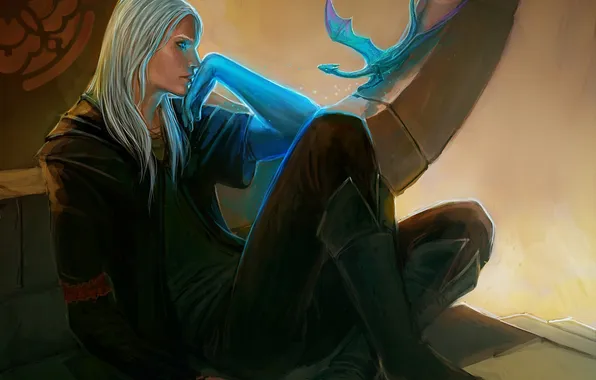 Blue, magic, dragon, art, guy, white hair, sitting
