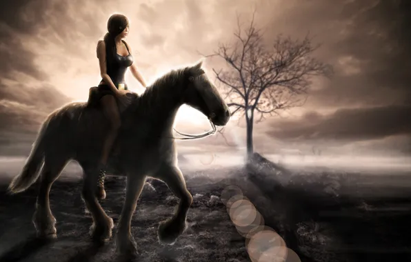 Picture the sky, look, girl, clouds, rays, tree, animal, horse