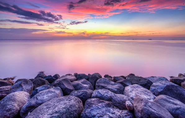 Stones, the ocean, dawn, shore, horizon