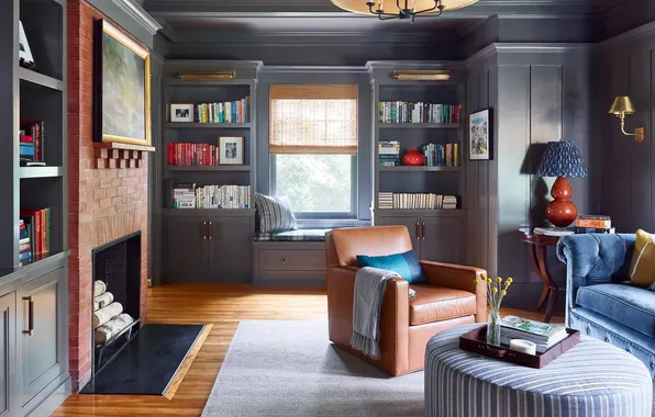 Design, style, room, interior, chair, fireplace, library, sofa