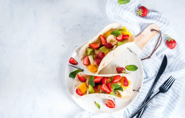 Berries, plate, bananas, fruit, mango