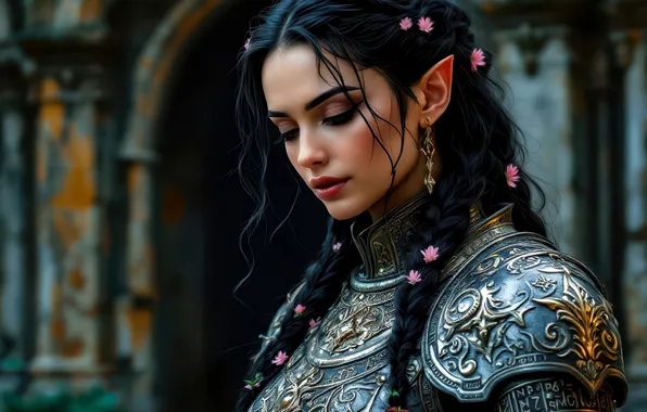 Girl, castle, portrait, armor, brunette, fantasy, arch, elf