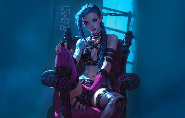 Picture girl, pose, moonlight, game, character, blue hair, character, League of Legends