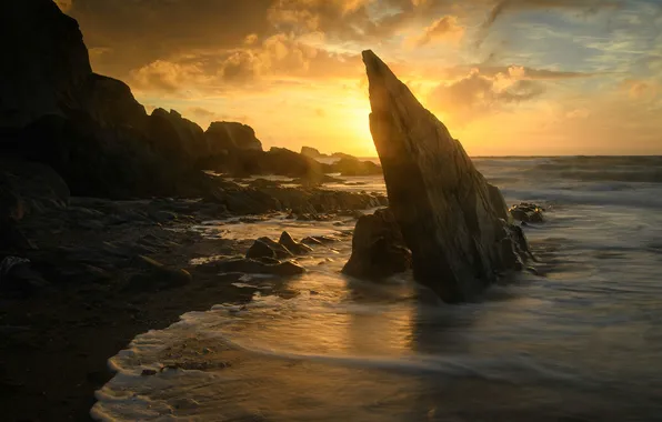 Sea, sunset, rocks, surf