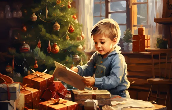Boy, Smile, Table, Christmas, Child, New year, Tree, Joy