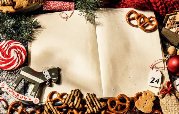 Toys, cookies, Christmas, New year, Notepad, notebook, needles, Christmas decorations