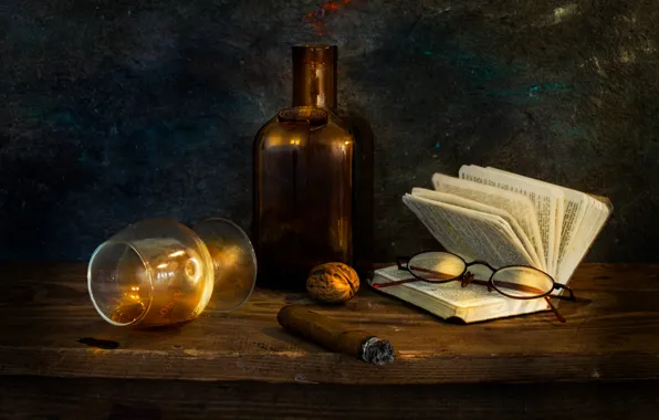 Picture glass, walnut, glasses, cigar, book, Past midnight