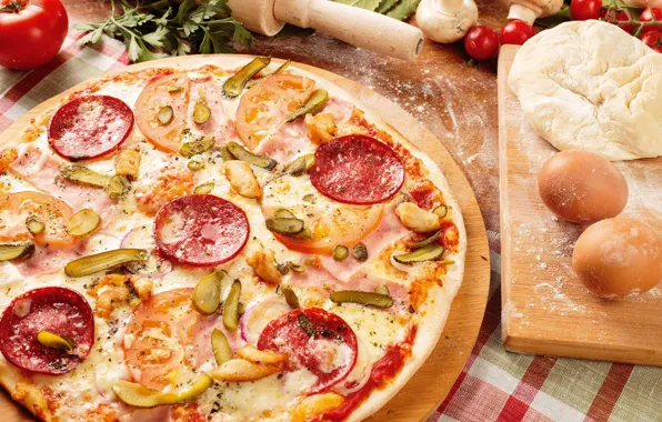 Mushrooms, eggs, pizza, tomatoes, sausage, cucumbers, the dough