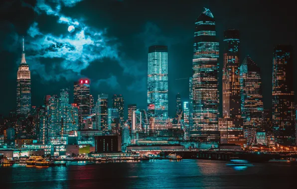 Clouds, river, beauty, skyscrapers, port, the full moon, river, clouds