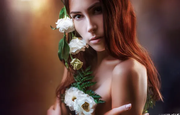 Picture look, flowers, background, model, hair, portrait, Alexander Drobkov-Light, Nelia Pirozhkova