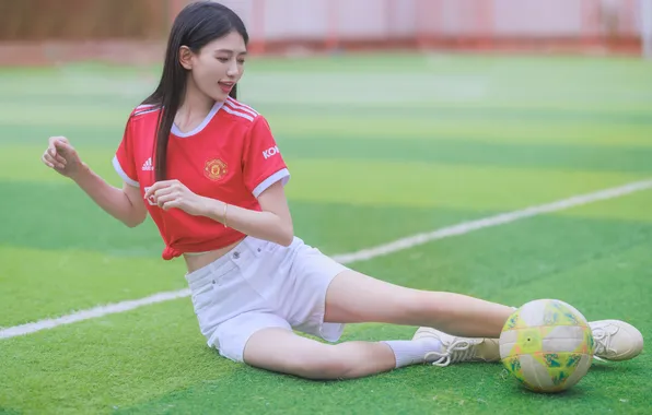 Grass, Beautiful, Asian, Model, Ball, Football, Woman, Manchester United