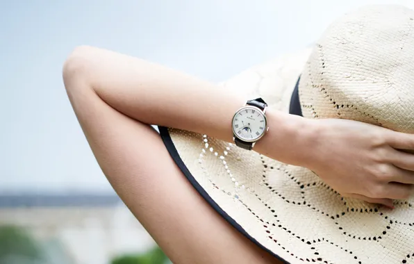 Picture girl, watch, hand, hat