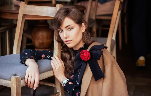 Flower, look, girl, face, watch, chairs, portrait, hands