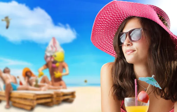 Picture girl, summer, beach, party, hat, pink, beautiful, cocktail