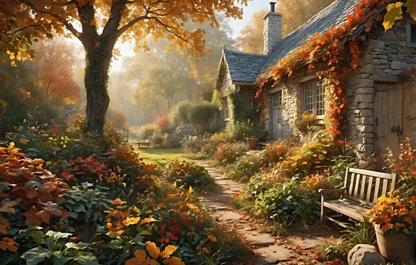 Autumn, light, landscape, bench, foliage, morning, garden, shop