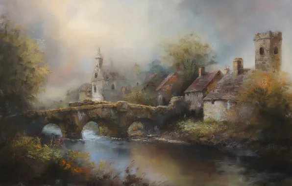 Trees, bridge, fog, river, shore, tower, village, Church