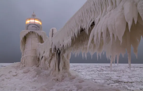Picture ice, winter, sea, light, lighthouse, ice age
