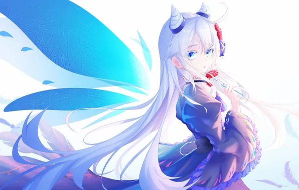 Flower, girl, wings, horns, Miyouji
