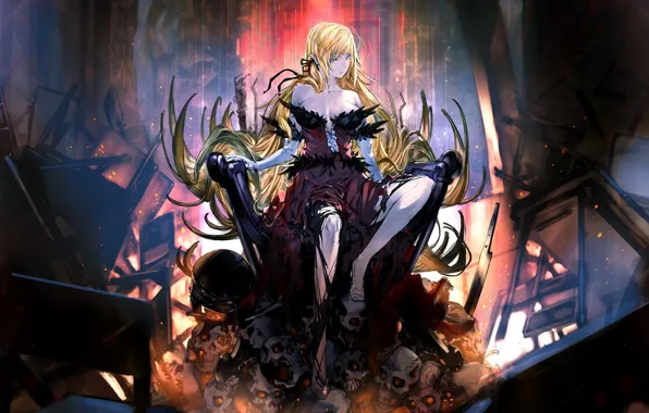 Girl, skulls, anime, vampire, blonde, artwork, fantasy art, throne