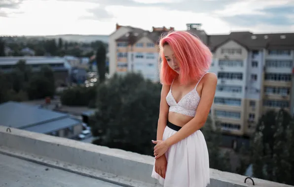 Chest, skirt, on the roof, pink hair, MERNAEV