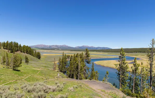 The sky, trees, mountains, river, hills