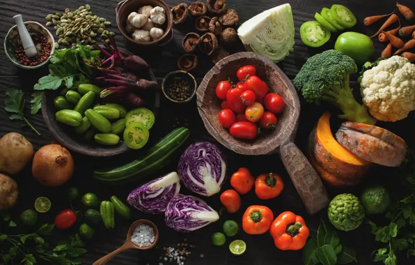 Mushrooms, bow, pumpkin, pepper, vegetables, tomatoes, cabbage, parsley