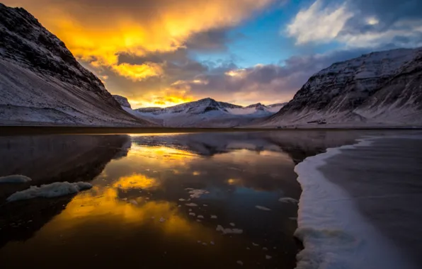 Cold, ice, clouds, snow, sunset, mountains, lake