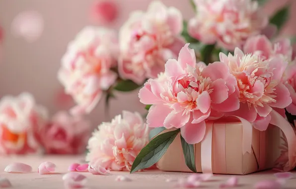 Holiday, box, gift, bouquet, spring, pink, March 8, peonies
