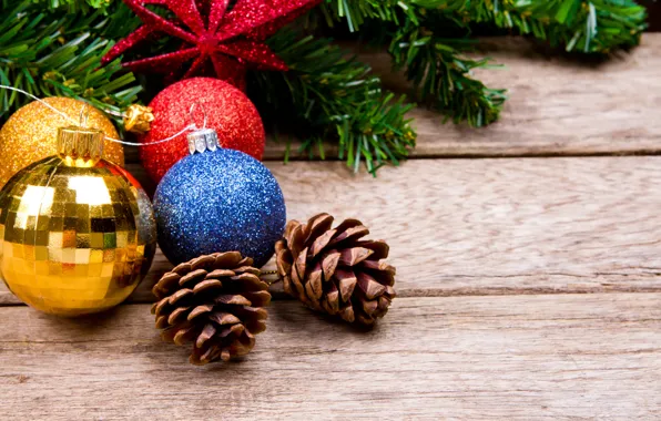 Balls, tree, New Year, Christmas, wood, merry christmas, decoration, xmas