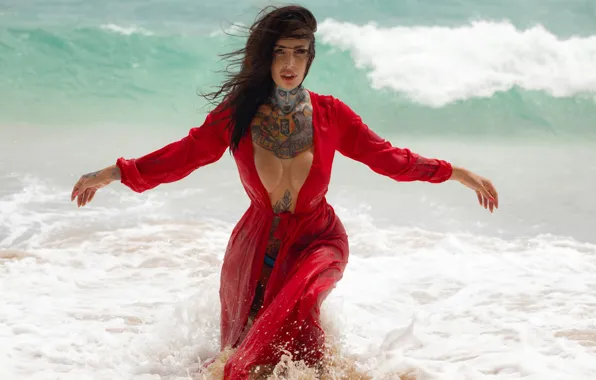 Chest, girl, pose, the ocean, hands, tattoo, Bathrobe, Alexander Semanin
