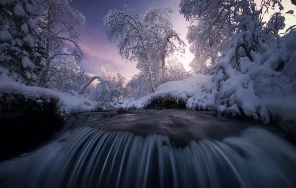 Winter, snow, trees, landscape, sunset, nature, river, waterfall