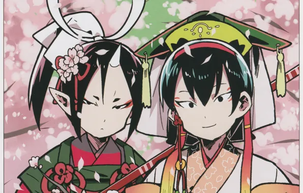 Sakura, flowering, Japanese clothing, horn, headdress, youkai, two guys, hoozuki
